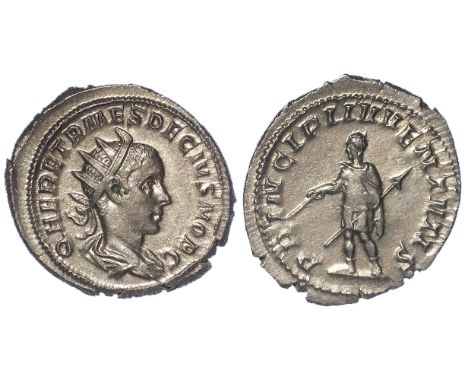 Herennius Etruscus silver antoninianus, Rome Mint 250-251 A.D., reverse reads:- PRINCIPI INVENTVTIS, Herennius in military at