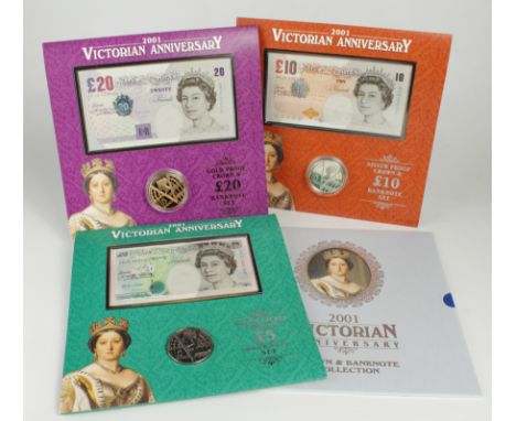 Victoria Anniversary 2001 Coin and Banknote Sets a triple set comprising Five Pound Crown 2001 Gold Proof with £20 Lowther se