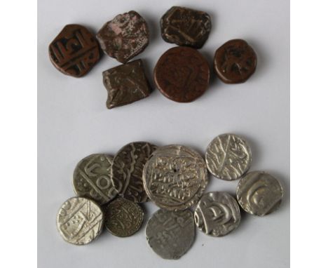 Indian, Victorian era, silver, 9 pieces, copper, 6 pieces, with tickets by Dr. Vezin, GF to GVF [15]