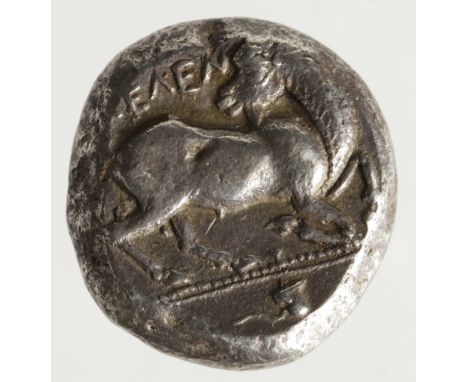 Ancient Greek silver stater of Cilicia, Kelenderis of c. 440-400 B.C., obverse:- Naked rider, whip in left hand, seated sidew