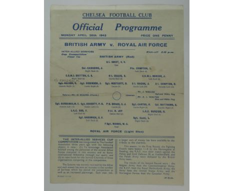 Wartime single sheet for match between British Army v RAF played on 26/4/43 in the inter allied services final, many leading 