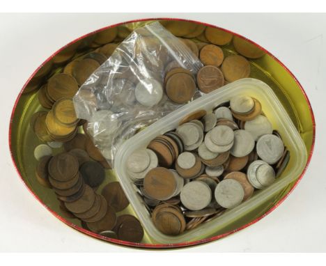 Ireland, accumulation of predecimal coins in a biscuit tin, mostly 19th-20thC, silver noted.