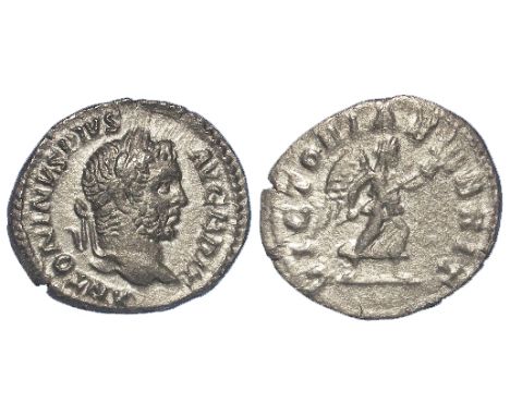 Caracalla silver denarius, Rome Mint 210 A.D., reverse legend:- VICTORIAE BRIT, Victory advancing right, carrying trophy, Sea