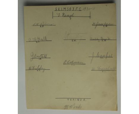 Grimsby Town rare set of autographs set out in playing positions, 1930/31 signed by 11 players plus trainer including Bestall