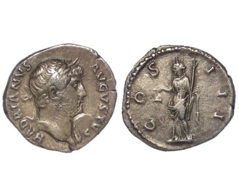 Hadrian silver denarius, Rome Mint 125 A.D., reverse reads:- COS III, Libertas standing left, holding pileus and rod, Sear 34