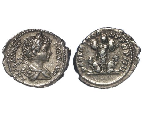 Caracalla silver denarius, Rome Mint 201 A.D., reverse reads:- PART MAX PONT TR P IIII, Two captives seated at the base of a 