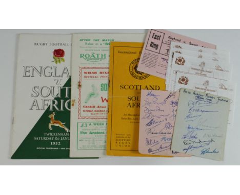 South African Rugby selection 1951 tour to UK programmes v Scotland, Wales and England also England ticket for player only. A