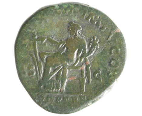 Marcus Aurelius brass sestertius, Rome Mint 168 A.D., reverse reads:- TR POT XXII IMP V COS III S C [some off the flan] in ec