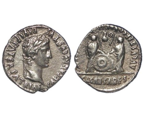 Augustus silver denarius, Lugdunum Mint 2 B.C. - 4 A.D., Laureate head of Augustus, right / Gaius and Lucius Caesars, standin