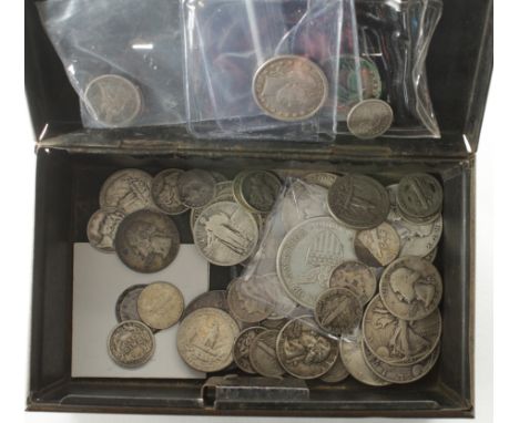 USA, quantity of mixed 19th-20thC silver coins in a tin.