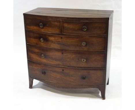 A 19th century mahogany bow front chest of two short over three long drawers, with brass ring handles, 105cm high x 106cm wid