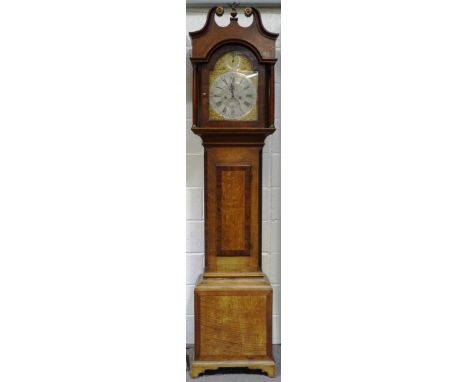 A late 18th century eight day longcase clock, in later case, engraved silvered dial with Roman numerals, seconds dial, calend