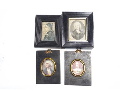 A miniature stipple engraving of a gentleman within ebonised frame, overall 14cm x 12cm, together with two ebonised frames ea