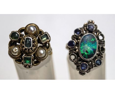 An emerald and simulated pearl ring; another set with an opal and sapphires, both probably Austro Hungarian