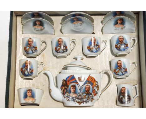 A child's porcelain tea service, with transfer printed portraits of King George V and Queen Mary