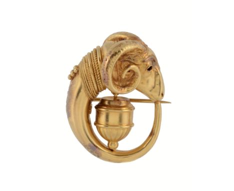  A mid 19th Century Archaeological Revival brooch by Alessandro Castellani, circa 1870, the brooch with a textured rams head 