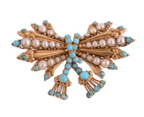  A 19th century gold turquoise and pearl tasselled bow brooch, circa 1840, of radiating design with graduated half pearl set 