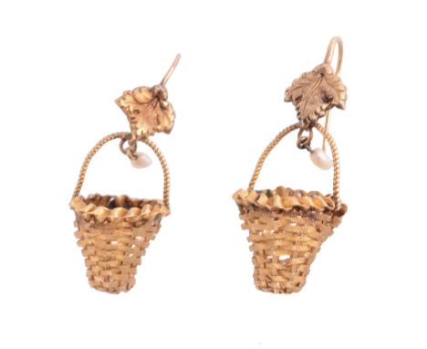  A pair of early 19th century basket ear pendants , circa 1830, the woven gold baskets each suspended from a vine leaf, with 