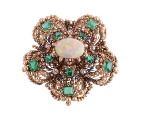  An early 19th century gold, opal, emerald and diamond cannetille work brooch, circa 1840, designed as a five petal flower he