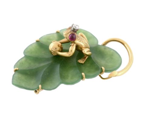  A nephrite, diamond and ruby frog and leaf brooch, the textured frog holding a polished ball with circular cabochon ruby eye