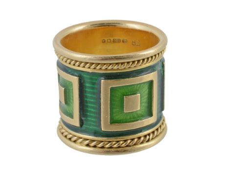  An 18 carat gold green enamel ring by Elizabeth Gage, the green enamel band with square panels and a ropetwist border, signe