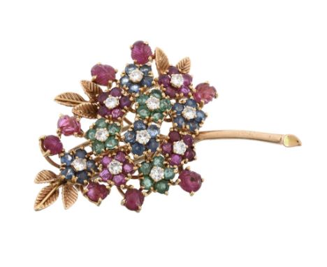  A diamond, ruby, sapphire and emerald foliate brooch, the floral spray set throughout with circular shaped rubies, sapphires