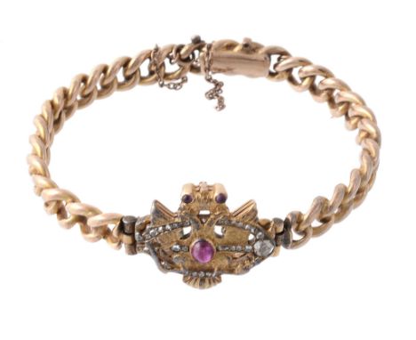  A Russian bangle, the central panel pierced with an imperial double eagle with rose cut diamond detail and a central oval ca