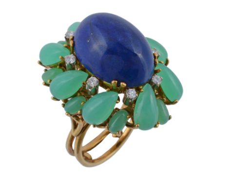  A lapis lazuli, chrysoprase and diamond ring, the central oval cabochon lapis lazuli claw set within swirling surround of ov
