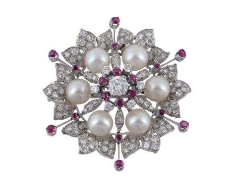  A diamond ruby and cultured pearl flower head brooch, the diamond and ruby cluster centre to cultured pearl and diamond set 