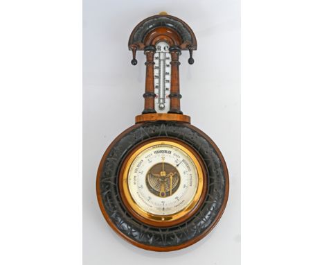 WANDWETTERSTATION  Thermometer und Barometer in geschweiftem Holzkorpus, Kirschrot und Schwarz, Marke Anton Pfeilmayer, Jungi