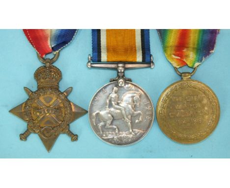 A WWI trio awarded to GS-10926 Pte T F Ridgeway R Fus: 1914-15 Star and British War and Victory Medals. 