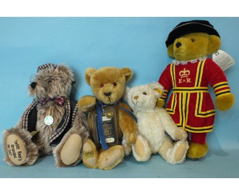 A small modern Steiff teddy with button and tag, 31cm, a Merrythought Ltd Edn 395/600 teddy, 38cm, a Merrythought Yeoman tedd