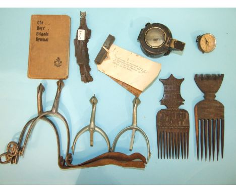 A WWII military MkIII prismatic compass by T & G Co. Ltd No.B215490, dated 1943, 6cm diameter, another brassed compass, two p