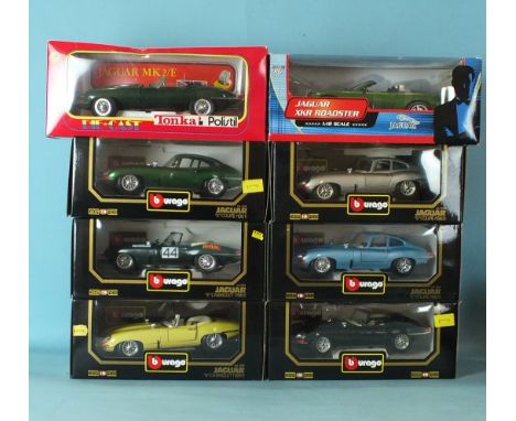 Burago, six 1:18 scale sports cars, a Polistil Jaguar Mk2/E and a James Bond Die Another Day Jaguar XKR Roadster, all boxed, 