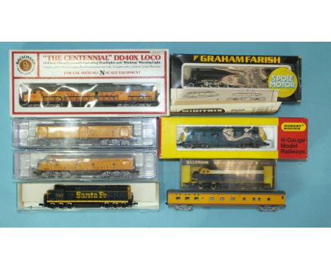 N gauge, Bachmann, 66551 Centennial DD40X locomotive, 4666 F-9 Dummy; Proto E8 A and B units; Erawa-Life-Like SD-45 locomotiv