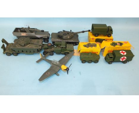 Dinky Toys, 623 Army Covered Wagon, 626 Military Ambulance, 676 Armoured Personnel Carrier, all boxed, (boxes a/f) and 660 Ta
