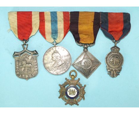Four Victorian Army Temperance Association silver medals, on ribbons and one other temperance medallion, (5).