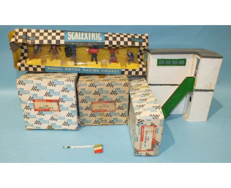 Scalextric Accessories: A208 Control Tower, A211 First Aid Hut, A239 Track Lighting Set, F300 Pit Team and Track Officials, a