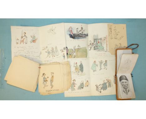 A small sketch book containing many pencil portraits, possibly by R S Campbell, c1900 and various amusing watercolour and pen