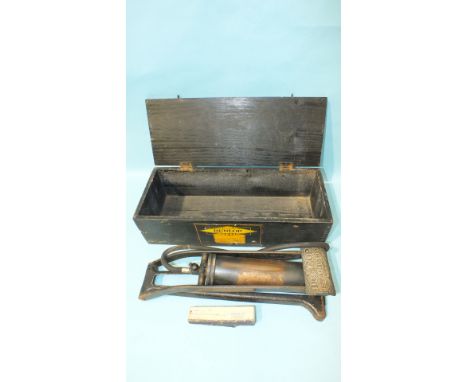A Dunlop Standard Foot Pump in original wooden box, with paper labels.