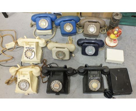 A collection of nine vintage GPO Bakelite telephones, including 332L, 312L, 312F (x2), FET79/1 (x3), FET82/1, FWB77/1, togeth
