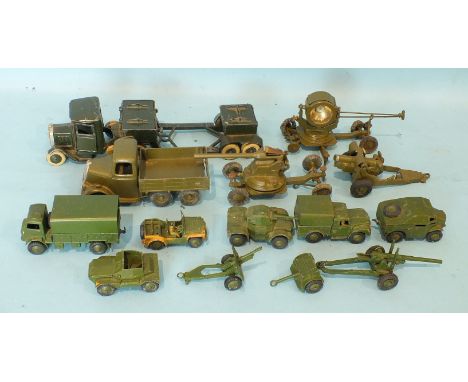 Britains Army Vehicles: Anti-Aircraft Unit search light, six-wheel lorry, two guns and a ten-wheel lorry, also nine Dinky Arm