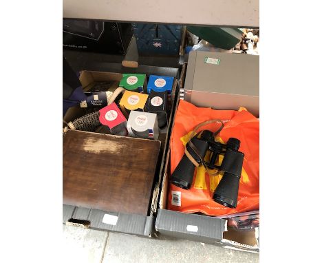 2 boxes of misc to include surround system with speakers, pair of binoculars, a wooden box, glasses, handbag, Cocal Cola glas