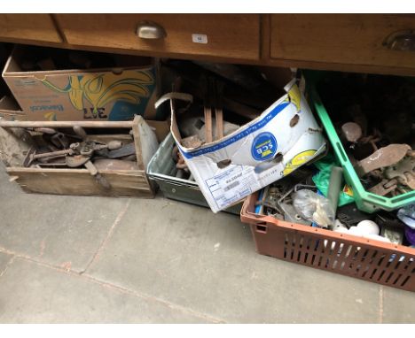 A large quantity of various tools - 8 boxes and a joiners box, to include vices, car jacks, sledgehammer, mallets, chain bloc
