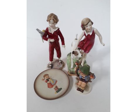 Two Royal Worcester figures (as found), a Hummel figure and a Hummel plate. 