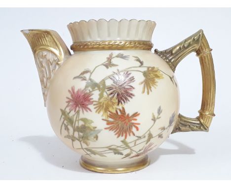 A Royal Worcester blush ivory cream jug decorated with flowers, length 17cm. Condition - three small chips to spout otherwise