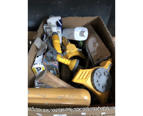 A box of misc tools and items to include gardening, mallets, sledgehammer, hammers, etc 