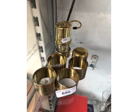 Miniature brass miners lamp etc. 