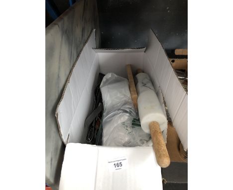 A box of kitchenware to include marble roller 