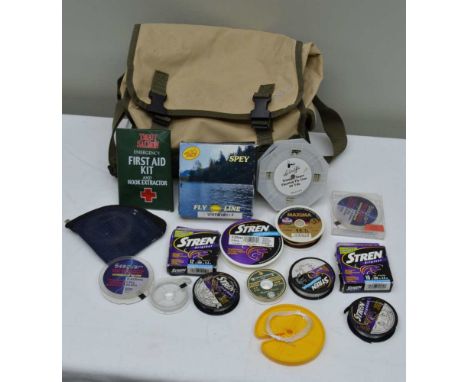 THE GLIDER CANVAS TROUT FISHING BAG with an assortment of fly lines and spools of nylon leaders, including Spey Windcutter fl